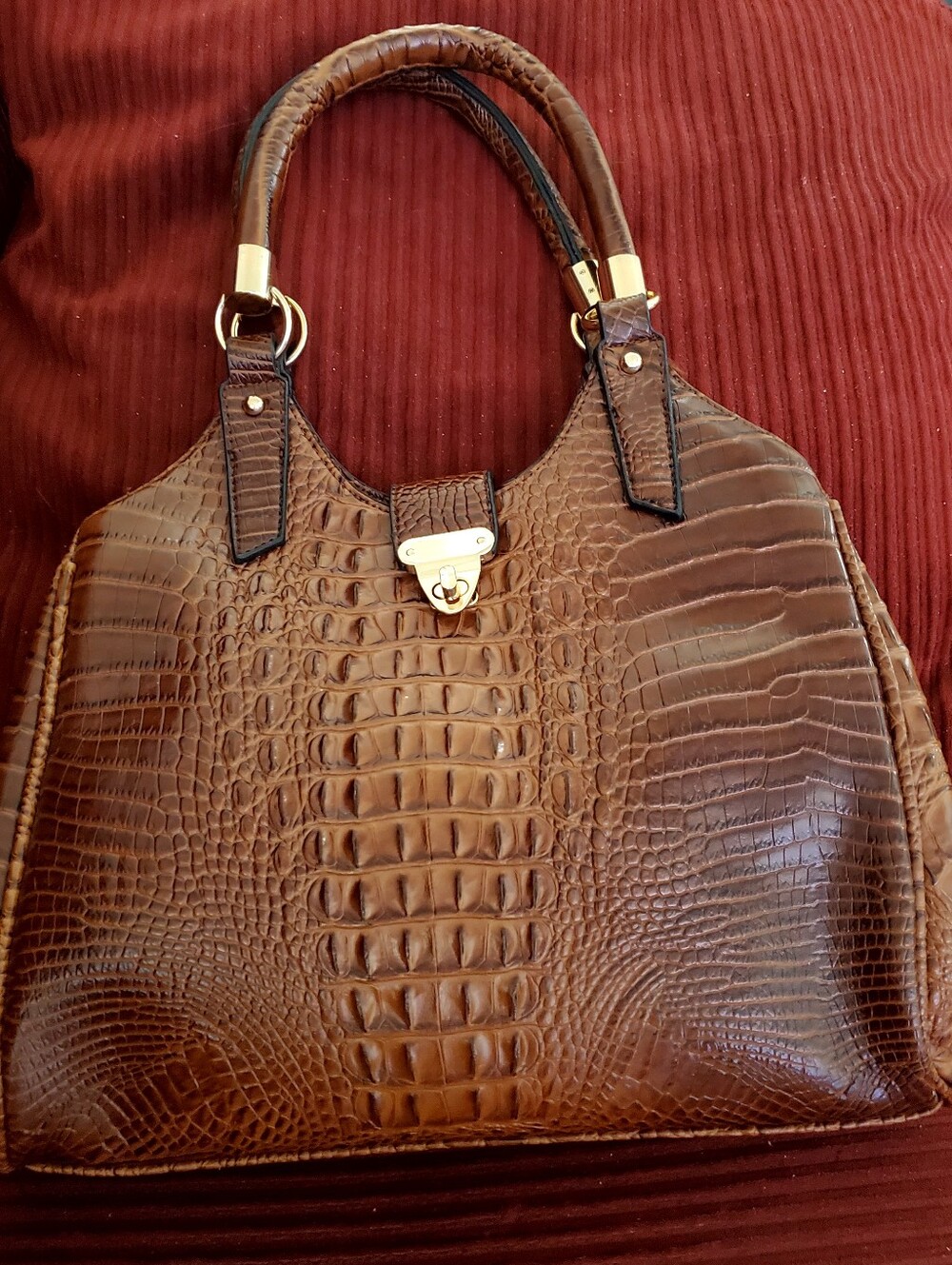 Kate & Alex Faux Croc-Embossed Large Structured Satchel in Brown